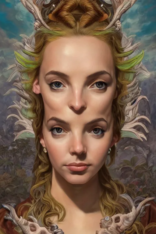 Image similar to A fantasy comic book style portrait painting of Jodie Comer, as an Atlantean Reptilian Warrior, François Boucher, Oil Painting, Mystical Valkyrie, unreal 5, DAZ, hyperrealistic, octane render, Regal, Refined, Detailed Digital Art, RPG portrait, William-Adolphe Bouguereau, Michael Cheval, Walt Disney (1937), Steampunk, dynamic lighting, Highly Detailed, Cinematic Lighting, Unreal Engine, 8k, HD