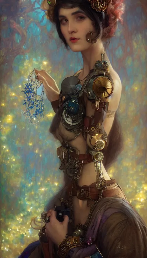 Image similar to hyper realistic photographer taking a picture, magical, gems, jewels, gold, steampunk, cyberpunk, painted by tom bagshaw, mucha, gaston bussiere, craig mullins, j. c. leyendecker 8 k