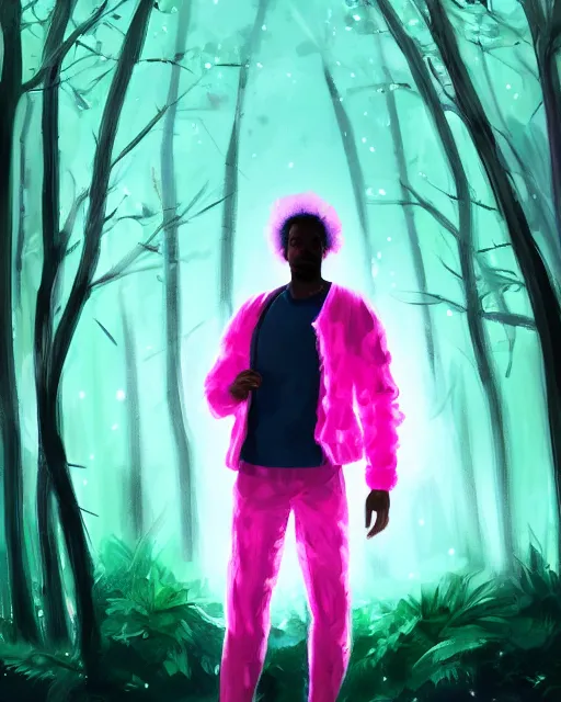 Image similar to man with pink glowing afro wearing disco jacket, standing in atmospheric spring forest at night, high contrast photoshop digital painting, beautiful moon lighting, best of artstation 4 k