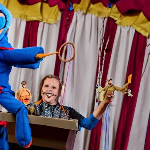 Image similar to puppet show with a puppeteer using a string marionette of a president with clown makeup in a podium