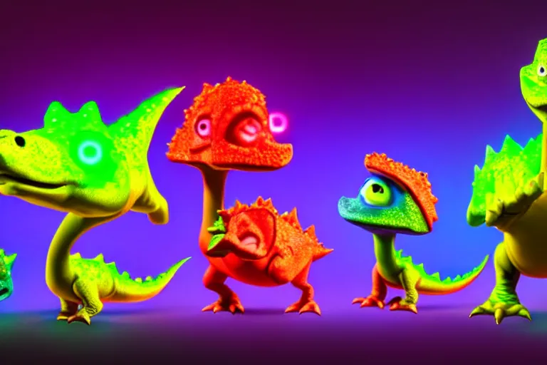 Prompt: pixar designed cute, smiling chibi style baby dinosaurs made entirely out of glowing electrified plasma, having fun inside a psychedelic realm made entirely out of love and acceptance and hypercolors. astral beings sharing love. renderman ray tracing