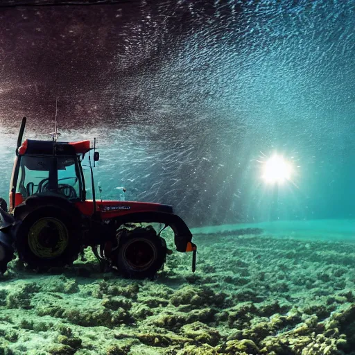 Prompt: ultrawide shot backlit tractor ploughing the seabed underwater photo on gopro