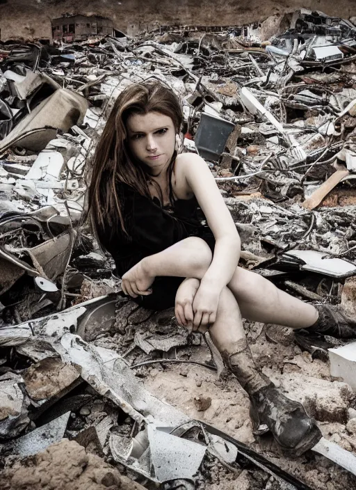 Prompt: award winning photograph of an young woman amongst rubble, sad face, dirt, dreamlike, low contrast, beatuful composition, 4k