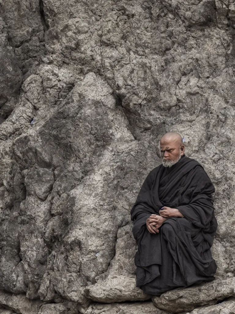Prompt: hyperdetailed full length portrait of an ancient old monk sitting in contemplation on a singular rock, closed eyes, sharp small focus on the highly detailed monk face, minimalistic scenery, by ridley scott, cinematic light, 4k , diviant art
