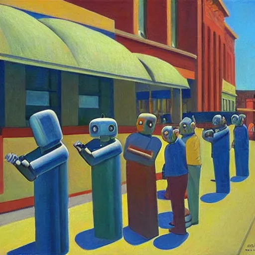 Image similar to robots queue up for ice cream,! grant wood!,! pj crook!, edward hopper, oil on canvas