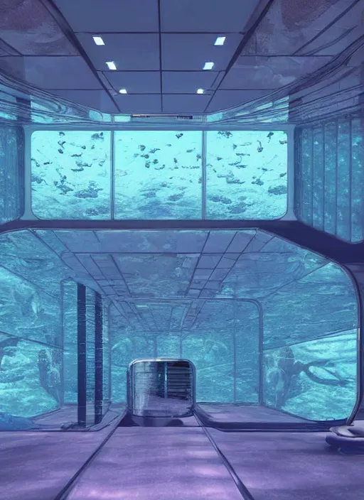Image similar to a futuristic sci - fi underwater chamber with mirrored walls