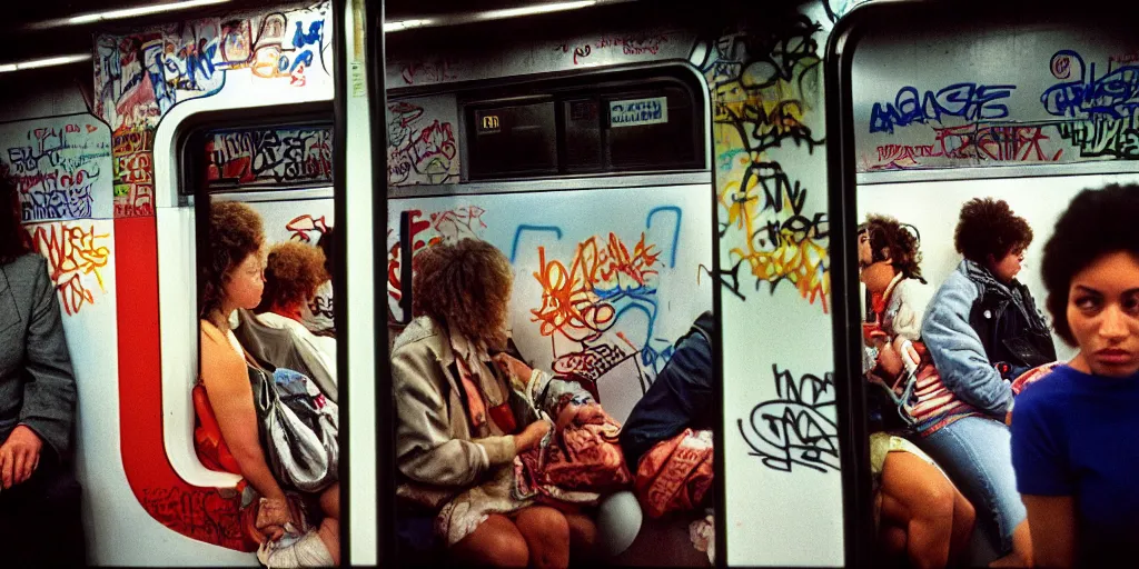 Prompt: new york subway cabin 1 9 8 0 s inside all in graffiti, woman closeup, coloured film photography, christopher morris photography, bruce davidson photography