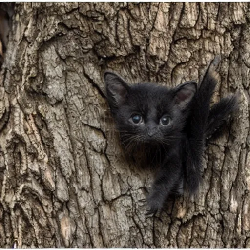 Image similar to a bat kitten, in a tree, Canon EOS R3, telephoto, very detailed, 4k