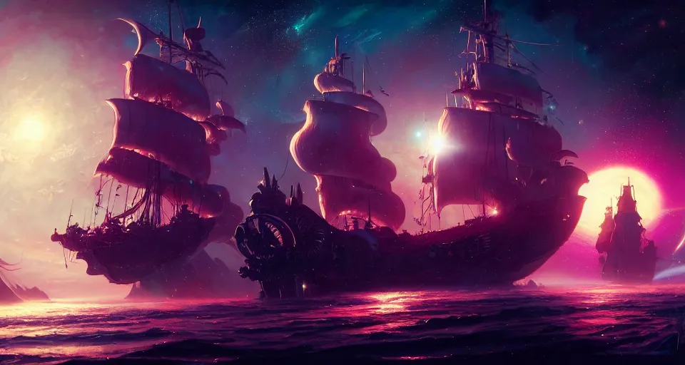 Prompt: pirate ship in space with a planet in the background, cosmic, nebula, intricate, highly detailed, oil painting, artstation, concept art, ethereal, unreal engine 5, 8 k, by stephan martiniere and liam wong and alphonse mucha