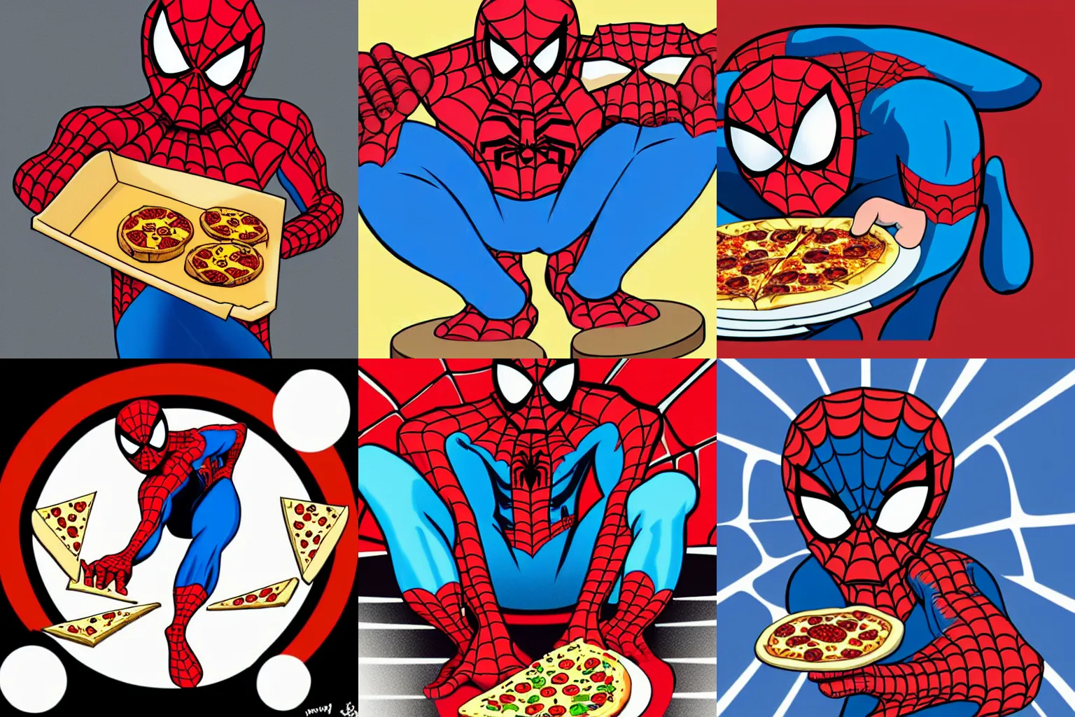 Prompt: a cartoon style portrait of spiderman eating pizza