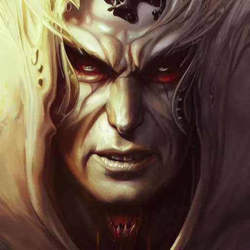 Image similar to close up cringy alucard, dhampir, elegant, highly detailed, centered, digital painting, artstation, concept art, smooth, sharp focus, illustration, artgerm, tomasz alen kopera, peter mohrbacher, donato giancola, joseph christian leyendecker, wlop, frank frazetta