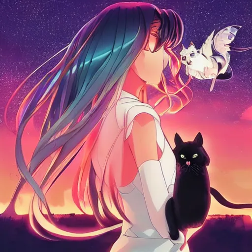 Prompt: a anime aesthetic woman with long dark hair holding a cat in her arm standing on steps in a field at night, a hologram by kusama, instagram, optical illusion, full body, ultra hd, neon, pexels contest winner, high quality photo, rtx, hd, shiny eyes, a renaissance painting by sailor moon