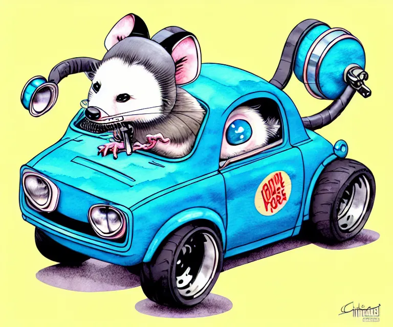 Image similar to cute and funny, opossum wearing a helmet riding in a tiny hot rod with oversized engine, ratfink style by ed roth, centered award winning watercolor pen illustration, isometric illustration by chihiro iwasaki, edited by range murata, tiny details by artgerm and watercolor girl, symmetrically isometrically centered, focused