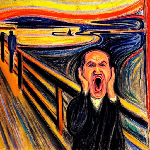 Image similar to portrait of benjamin netanyahu screaming on a bridge, hands on face, sunset, by edvard munch