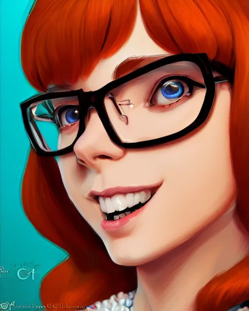 Image similar to a highly detailed illustration of velma from scooby doo, dramatic smile pose intricate, elegant, highly detailed, centered, digital painting, artstation, concept art, smooth, sharp focus, league of legends concept art, extremely detailed eyes, fantastic details full face, mouth, trending on artstation, pixiv, ultrahd, in the style of chris sanders