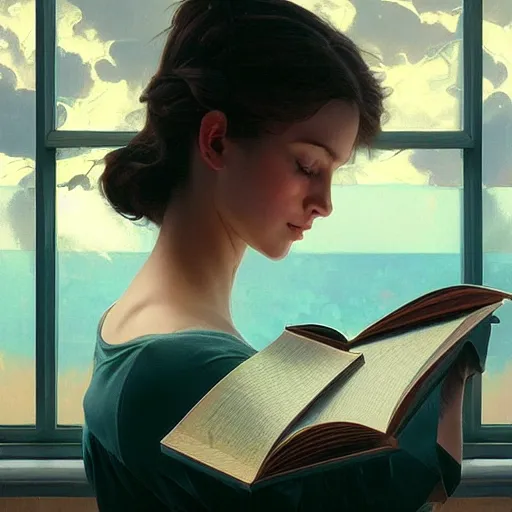 Prompt: hyperrealistic oil painting of a girl reading a book, realistic shaded perfect face, extremely fine details, realistic shaded lighting, stormy background, artgerm, 8 k ultra realistic, highly detailed, art by christopher balaskas, alphonse mucha, craig mullins, alena aenami, ultra detailed