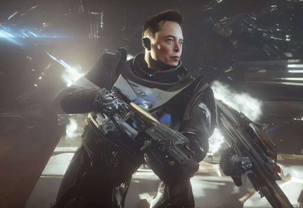 Image similar to elon musk in destiny 2, elon musk in the video game destiny 2, gameplay screenshot, close up, 3 d rendering. unreal engine. amazing likeness. very detailed.