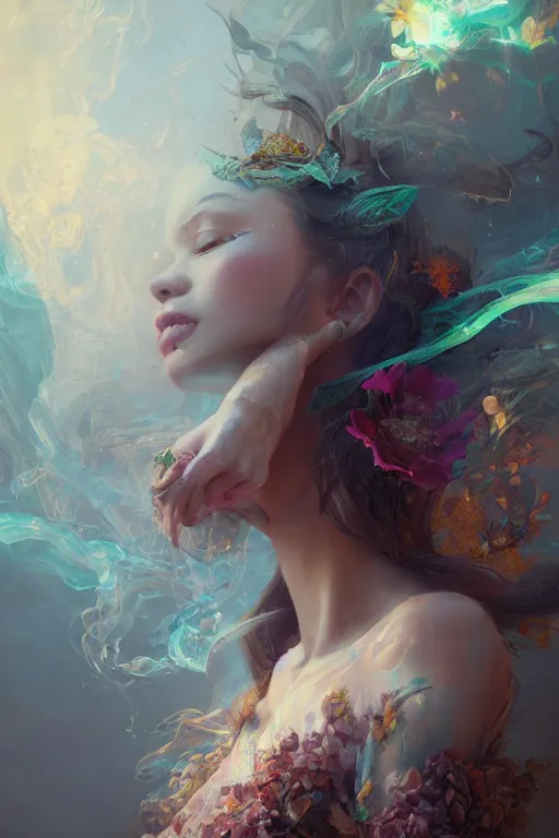 Prompt: face closeup of beautiful girl in intricate detailed color smoke, 3 d render, hyper realistic detailed portrait, holding magic flowers, ruan jia, wlop. scifi, fantasy, hyper detailed, octane render, concept art, by peter mohrbacher, by wlop, by ruan jia