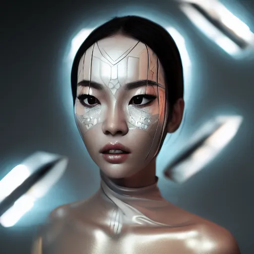 Image similar to asian - european woman closeup face portrait, face covered with chrome lines, ethereal, futuristic, highly detailed face, elegant pose, intricate, beeple cgsociety, extremy detailed, cgsociety, unreal engine, octane render, highly detailed 4 k art