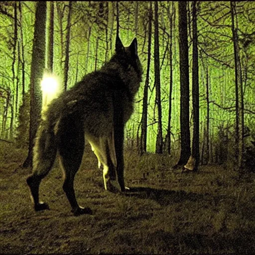 Image similar to trailcam footage of giant wolf at night