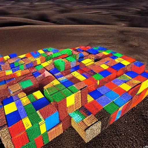 Prompt: a barren landscape filled with rubik's cubes