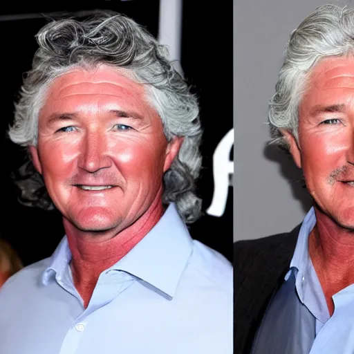 Image similar to patrick duffy, he has very long length straight grey hair, wearing a white shirt