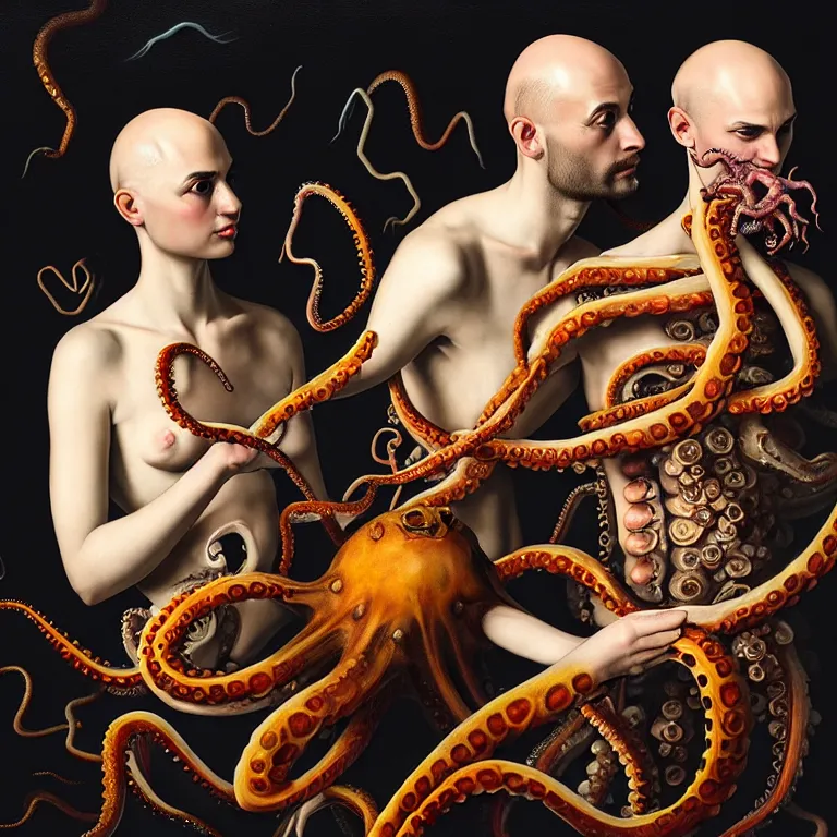 Image similar to young bald man couple wearing exoskeleton, holding a squid, octopus, sea in the background, beautiful baroque portrait painting, psychedelic, trippy, hallucination, dream, beautiful detailed intricate insanely detailed octane render trending on Artstation, 8K artistic photography, photorealistic, chiaroscuro, Raphael, Caravaggio