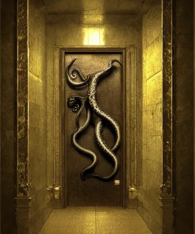 Image similar to horrifying photorealistic painting of a 1 9 2 5 hotel elevator lobby, elevator doors look like a mouth, with a tentacle - shaped tongue, licking out, dark, atmospheric, brooding, smooth, finely detailed, cinematic, epic, lovecraft, in the style of lee gibbons