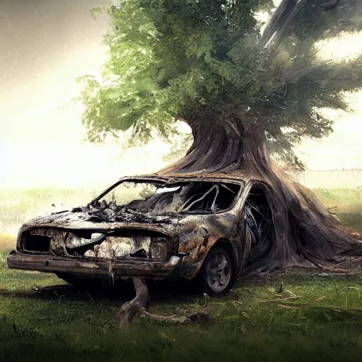 Image similar to a car destroyed by a tree, artstation, digital art, high quality, realistic