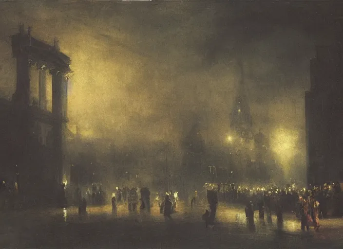 Image similar to 1 9 th century london, art by thomas lawrence, robert rubert and john martin, dark, night, gas lights, floor fog, coherent composition,