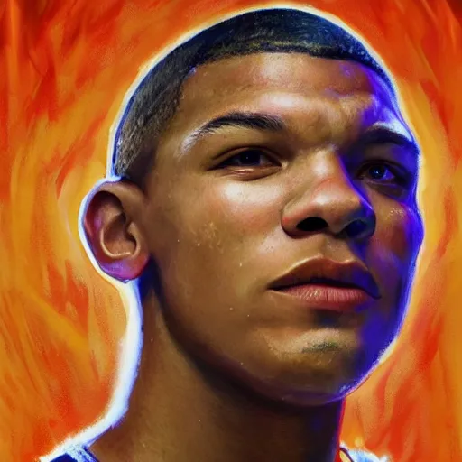 Prompt: portrait of Kylian Mbappe in fantasy armor, detailed, cinematic light, art of D&D