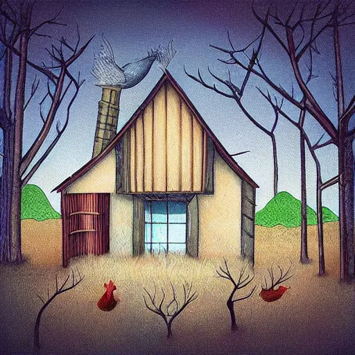 Prompt: “house with chicken feet in the forest, illustration, 8k 4K”