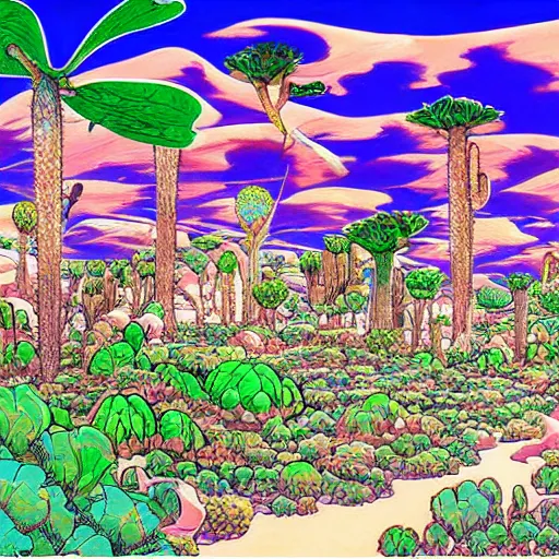 Image similar to a beautiful painting of a desert oasis paradise by hirohiko araki, detailed line art, jojos bizarre adventure