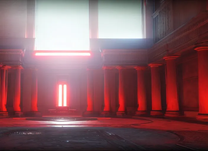 Image similar to ancient european court building with red shafts of light in destiny 2, foggy, liminal, dark, dystopian, beautiful architecture, abandoned, highly detailed 4 k 6 0 fps in - game destiny 2 gameplay screenshot leak