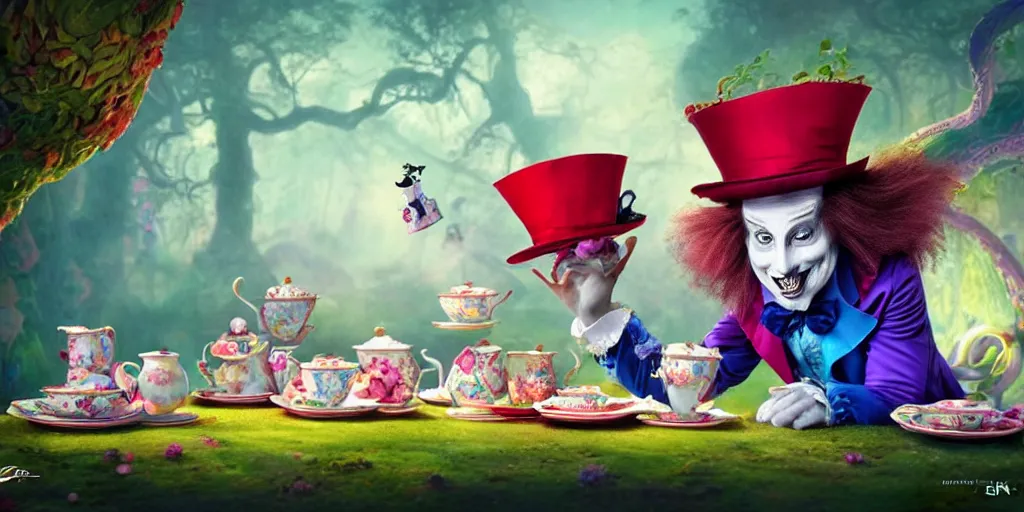 Image similar to The Mad Hatter teaparty, Alice in wonderland, colorful, wide angle, super highly detailed, professional digital painting, artstation, concept art, smooth, sharp focus, no blur, no dof, extreme illustration, Unreal Engine 5, Photorealism, HD quality, 8k resolution, cinema 4d, 3D, beautiful, cinematic, art by artgerm and greg rutkowski and alphonse mucha and loish and WLOP