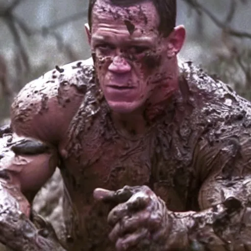 Image similar to film still of john cena as major dutch, covered in mud, hiding from the predator in swamp scene in 1 9 8 7 movie predator, hd, 8 k