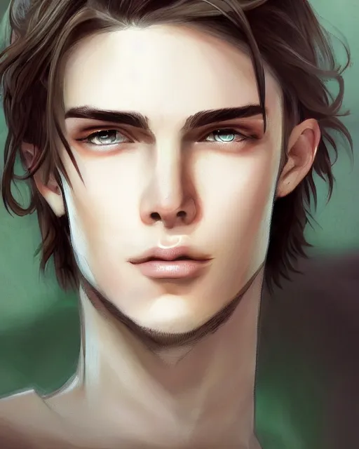 Prompt: face of a masculine young man with thin face lines, have long brown hair and green eyes, very beautiful portrait, low angle, realistic anime style and perfect art, trending on artstation, good and dramatic lighting