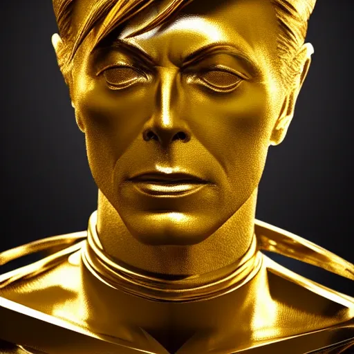 Image similar to Golden sculpture of David Bowie. Minimalism, high definition, perfect composition. Volumetric Lighting.