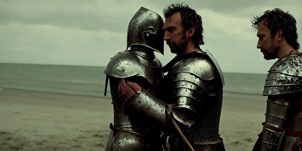 Image similar to film still of closeup the knight in shattered armor holds a bleeding heart by emmanuel lubezki