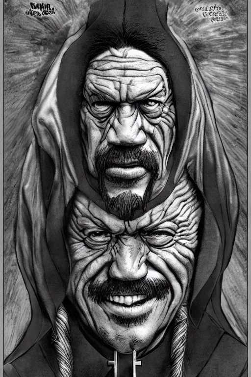 Image similar to Danny Trejo as church nun, dark fantasy, highly detailed, artstation, manga illustration by Kentaro Miura berserk