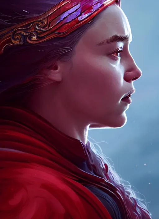 Prompt: side profile centered painted portrait, emilia clarke as scarlet witch, d & d, danerys targarian, matte painting concept art, art nouveau, beautifully backlit, swirly vibrant color lines, fantastically gaudy, aesthetic octane render, 8 k hd resolution, by ilya kuvshinov and cushart krentz and gilleard james