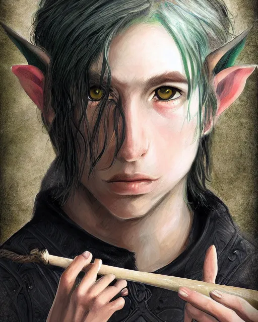 Image similar to portrait of elven teenage boy mage with long black hair holding dragon egg digital painting modern fantasy highly detailed