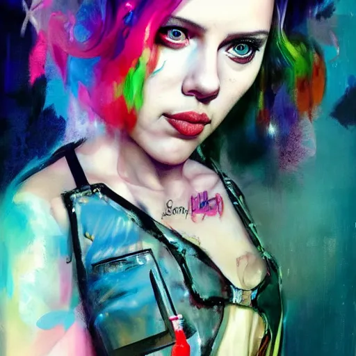 Prompt: scarlett johansson as delirium from sandman, ( hallucinating colorful soap bubbles ), by jeremy mann, by sandra chevrier, by jean giraud and maciej kuciara, punk rock, tank girl, high detailed, 8 k