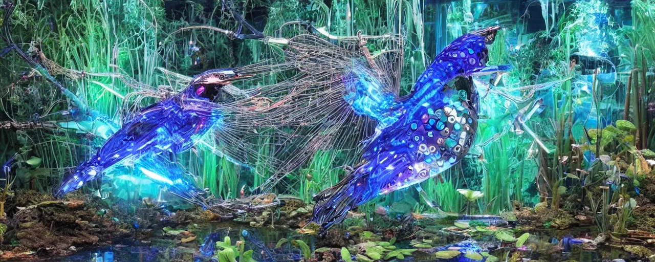 Prompt: cybernetic electric neon kingfisher close to a robotic bio organic pond full of compostables wires and bio degradable objects. Hyper realistic, hyper detailed.