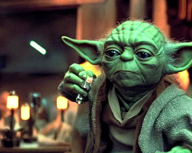 Image similar to film still of yoda drinking beer in a crowded bar in the new star wars movie 4 k