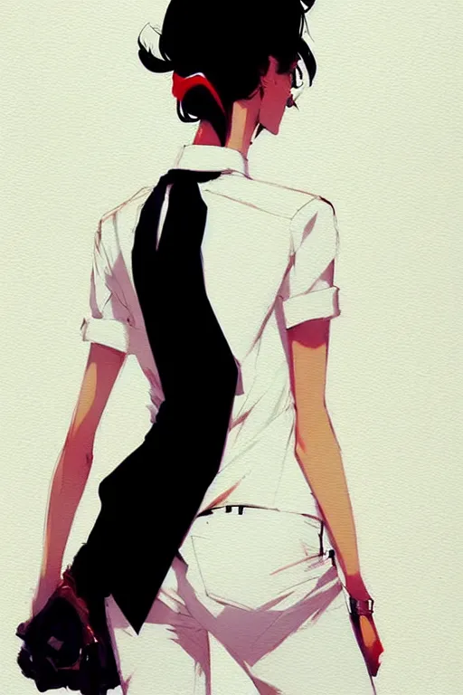 Image similar to a ultradetailed beautiful panting of a stylish woman, she is wearing a white shirt with a tie and black pants, by conrad roset, greg rutkowski and makoto shinkai trending on artstation