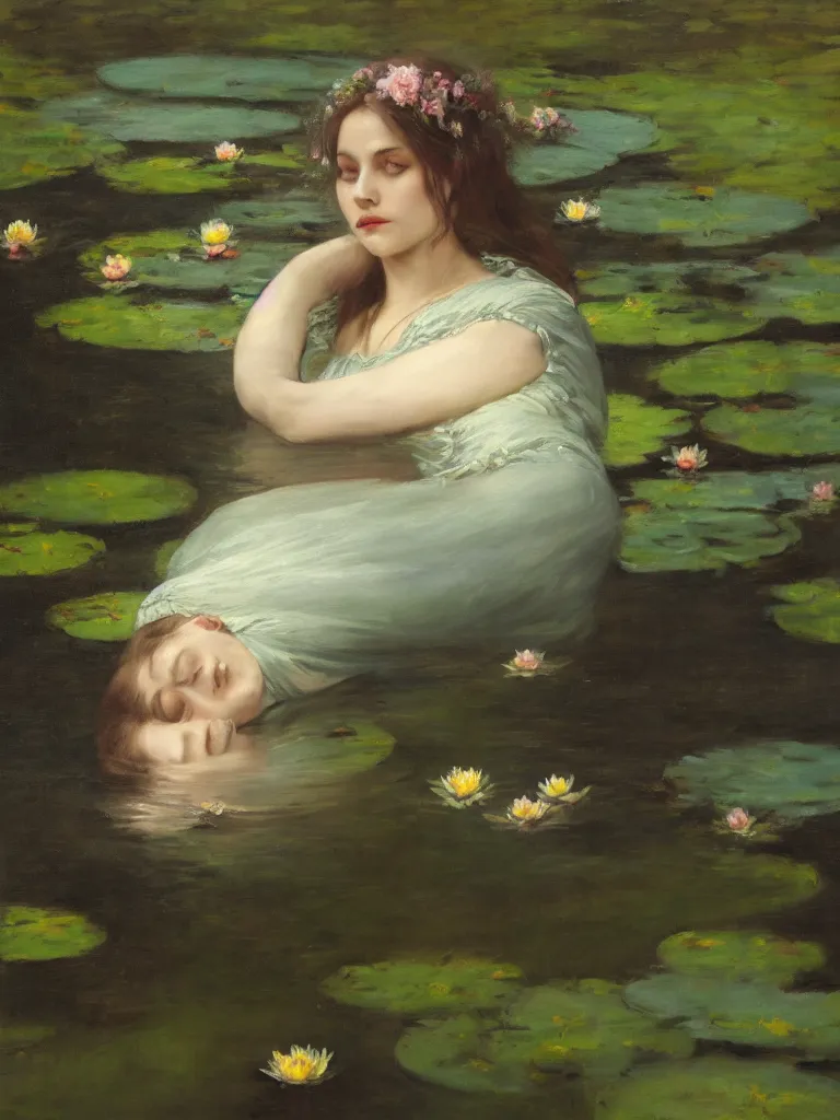 Image similar to detailed cinematic moody colors studio portrait of a victorian young lady sleeping in a victorian pond, water lilies, ofelia inspired high quality by jeremy mann, only one head single portrait