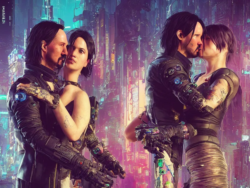 Image similar to a cyberpunk 2077 srcreenshot wedding couple portrait of a Keanu Reeves and a female android final kiss,love,film lighting,by Laurie Greasley,Lawrence Alma-Tadema,Dan Mumford,John Wick,Speed,Replicas,artstation,deviantart,FAN ART,full of color,Digital painting,face enhance,highly detailed,8K,octane,golden ratio,cinematic lighting