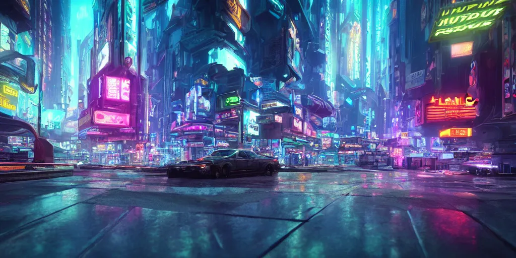 Image similar to a 3 d rendered in unreal engine hyrule land cyberpunk city with neon ads and signs with evocative dramatic mood with blade runner vibe with cars with motion blur with depth of field with bloom with lightshaft with volumetric lights, fog, by scott robertson, oscar winning graphics, photo realistic, bloom, imax, dynamic lighting, artstation,