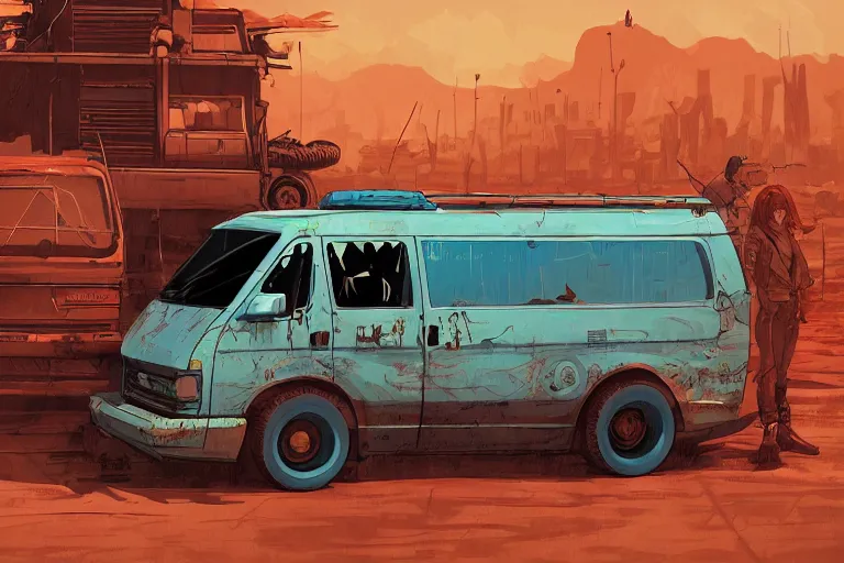 Image similar to digital illustration of mad max's ford aerostar van by makoto shinkai, ilya kuvshinov, lois van baarle, rossdraws, basquiat